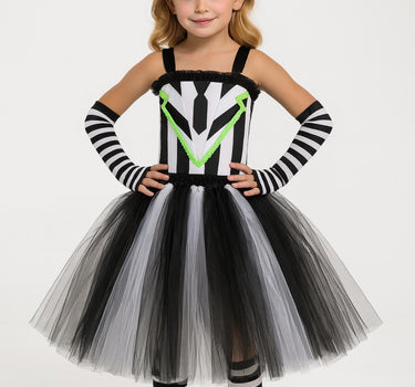 Girls Beetlejuice Costume Tutu Dress Set – Black & White Striped Halloween Outfit with Gloves, Bow and Socks – Baby/Toddler Sizes