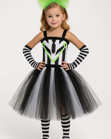 Girls Beetlejuice Costume Tutu Dress Set – Black & White Striped Halloween Outfit with Gloves, Bow and Socks – Baby/Toddler Sizes