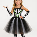 Girls Beetlejuice Costume Tutu Dress Set – Black & White Striped Halloween Outfit with Gloves, Bow and Socks – Baby/Toddler Sizes