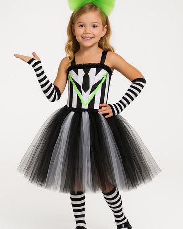 Girls Beetlejuice Costume Tutu Dress Set – Black & White Striped Halloween Outfit with Gloves, Bow and Socks – Baby/Toddler Sizes