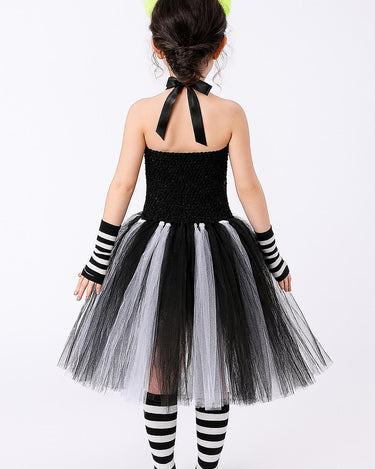 Girls Beetlejuice Costume Tutu Dress Set – Black & White Striped Halloween Outfit with Gloves, Bow and Socks – Baby/Toddler Sizes
