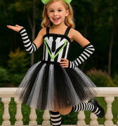 Girls Beetlejuice Costume Tutu Dress Set – Black & White Striped Halloween Outfit with Gloves, Bow and Socks – Baby/Toddler Sizes