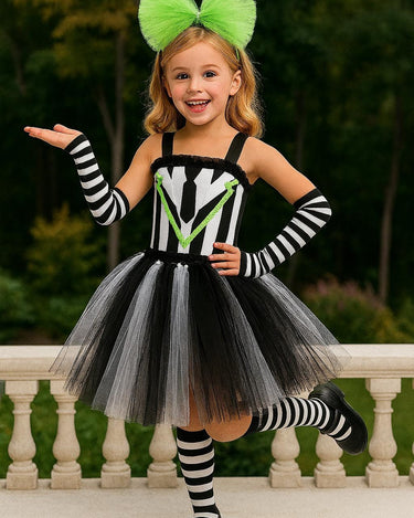 Girls Beetlejuice Costume Tutu Dress Set – Black & White Striped Halloween Outfit with Gloves, Bow and Socks – Baby/Toddler Sizes