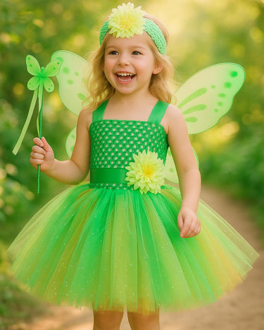 Tinker Bell Green Fairy Tutu Dress for Girls – Wings, Wand & Headband Included | Toddler Birthday Halloween Costume Set