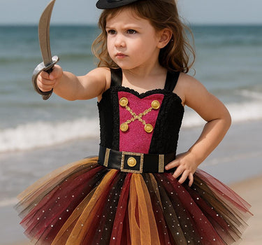 Girls Pirate Tutu Costume – Toddler Halloween Dress with Clip-On Pirate Hat | Buccaneer Dress Up Outfit
