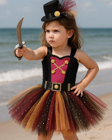 Girls Pirate Tutu Costume – Toddler Halloween Dress with Clip-On Pirate Hat | Buccaneer Dress Up Outfit