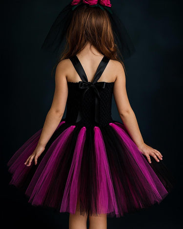 Zombie Bride Tutu Dress for Girls – Halloween Skeleton Costume with Veil Clip, Day of the Dead Toddler Outfit, Spooky Flower Girl Dress