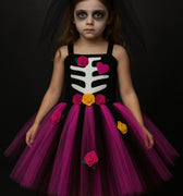 Zombie Bride Tutu Dress for Girls – Halloween Skeleton Costume with Veil Clip, Day of the Dead Toddler Outfit, Spooky Flower Girl Dress