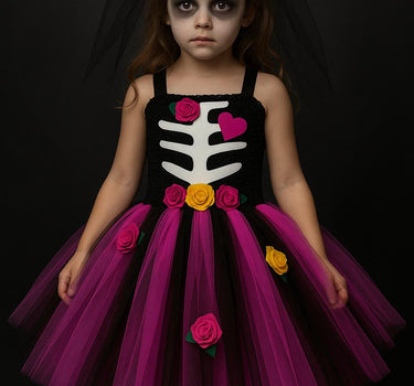 Zombie Bride Tutu Dress for Girls – Halloween Skeleton Costume with Veil Clip, Day of the Dead Toddler Outfit, Spooky Flower Girl Dress
