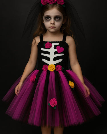 Zombie Bride Tutu Dress for Girls – Halloween Skeleton Costume with Veil Clip, Day of the Dead Toddler Outfit, Spooky Flower Girl Dress