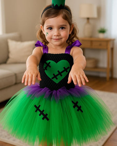 Frankenstein Girl Halloween Costume – Green Tutu Dress with Headband Hat – Kids Spooky Monster Dress-Up