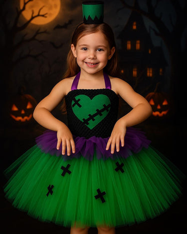 Frankenstein Girl Halloween Costume – Green Tutu Dress with Headband Hat – Kids Spooky Monster Dress-Up