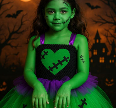 Frankenstein Girl Halloween Costume – Green Tutu Dress with Headband Hat – Kids Spooky Monster Dress-Up