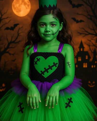 Frankenstein Girl Halloween Costume – Green Tutu Dress with Headband Hat – Kids Spooky Monster Dress-Up