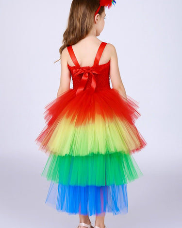Rainbow Parrot Tutu Dress with Colorful Feather Headband – Bird Costume for Girls