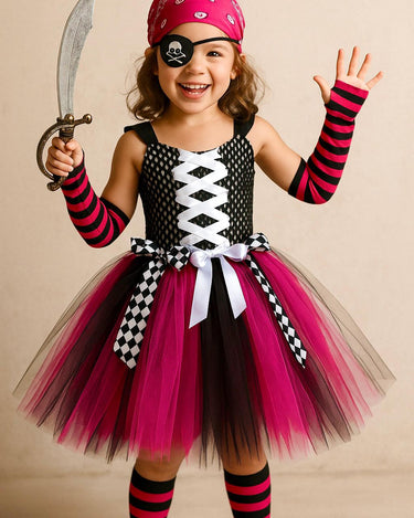 Pink Pirate Tutu Costume for Girls – Halloween Dress Up Set w/ PlaySword, Bandana, Eye Patch, Socks & Gloves