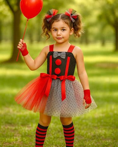 Girls Clown “IT” Tutu Costume Set – Baby Toddler Halloween Outfit with Hair Ties, Balloon Prop, Striped Socks, and Mesh Gloves