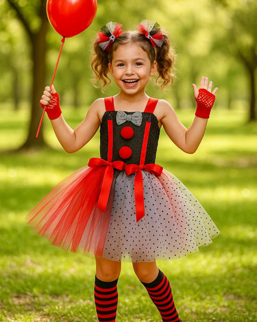 Girls Clown “IT” Tutu Costume Set – Baby Toddler Halloween Outfit with Hair Ties, Balloon Prop, Striped Socks, and Mesh Gloves