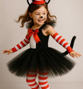 Girls Cat in the Hat Tutu Costume Set – Toddler Inspired Outfit with Tail, Hat Headband, Tights & Sleeves