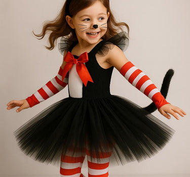 Girls Cat in the Hat Tutu Costume Set – Toddler Inspired Outfit with Tail, Hat Headband, Tights & Sleeves