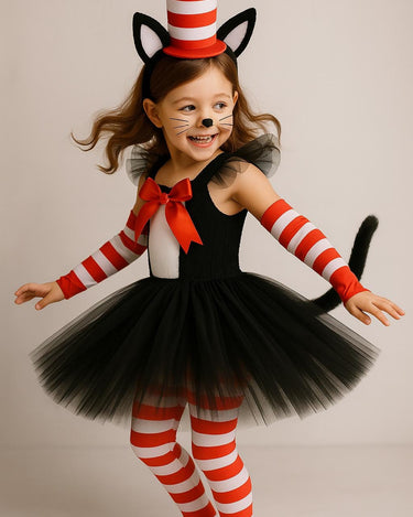 Girls Cat in the Hat Tutu Costume Set – Toddler Inspired Outfit with Tail, Hat Headband, Tights & Sleeves
