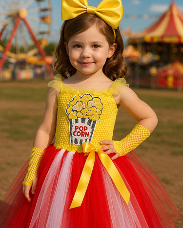 Popcorn Carnival Tutu Dress – Toddler Girl Circus Costume with Headband & Gloves