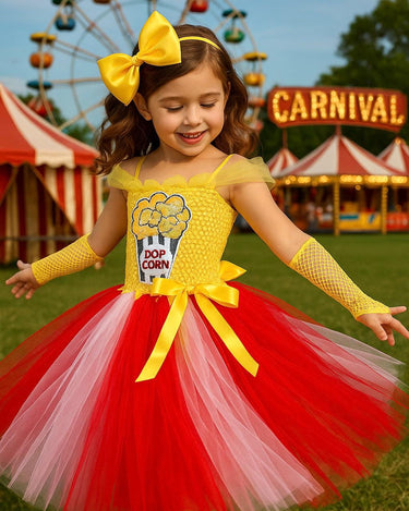 Popcorn Carnival Tutu Dress – Toddler Girl Circus Costume with Headband & Gloves