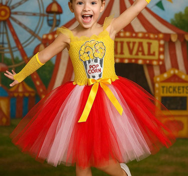 Popcorn Carnival Tutu Dress – Toddler Girl Circus Costume with Headband & Gloves