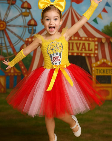 Popcorn Carnival Tutu Dress – Toddler Girl Circus Costume with Headband & Gloves