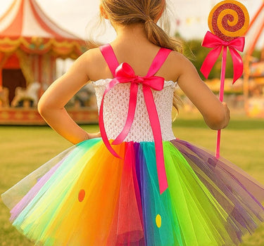 Candyland Carnival Tutu Dress Set – Rainbow Lollipop Costume with Wand & Bow Headband
