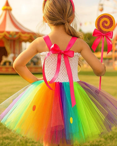 Candyland Carnival Tutu Dress Set – Rainbow Lollipop Costume with Wand & Bow Headband