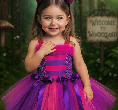 Cheshire Cat Tutu Dress Costume Set – Pink Purple Alice in Wonderland Dress + Sparkle Cat Ear Headband