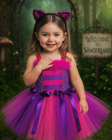 Cheshire Cat Tutu Dress Costume Set – Pink Purple Alice in Wonderland Dress + Sparkle Cat Ear Headband