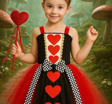 Queen of Hearts Tutu Dress Set – Girls Wonderland Costume with Crown & Wand for Halloween or Birthday