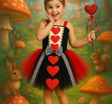 Queen of Hearts Tutu Dress Set – Girls Wonderland Costume with Crown & Wand for Halloween or Birthday