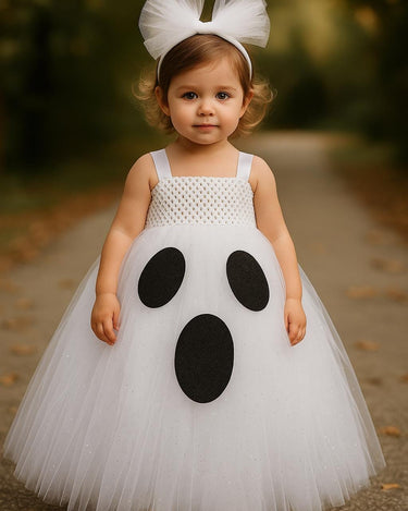 Toddler Ghost Tutu Dress with Headband – Girls Halloween Costume, Spooky Cute Baby Ghost Outfit, White Tulle Dress with Face Design