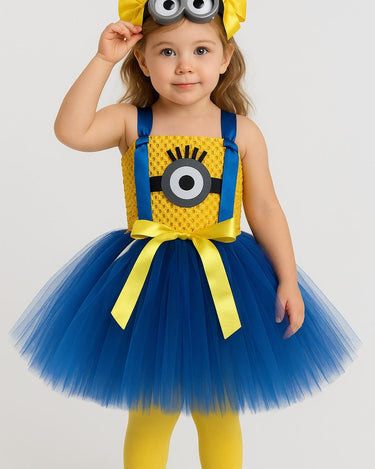 Girls Minion Tutu Dress Costume with Goggles & Bows – Despicable Me Birthday Outfit, Halloween Minion Dress for Toddler or Child