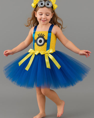 Girls Minion Tutu Dress Costume with Goggles & Bows – Despicable Me Birthday Outfit, Halloween Minion Dress for Toddler or Child
