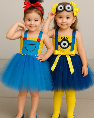 Girls Minion Tutu Dress Costume with Goggles & Bows – Despicable Me Birthday Outfit, Halloween Minion Dress for Toddler or Child