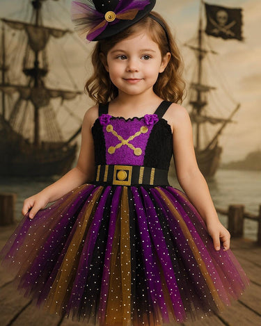 Girls Pirate Tutu Costume – Toddler Halloween Dress with Clip-On Pirate Hat | Buccaneer Dress Up Outfit