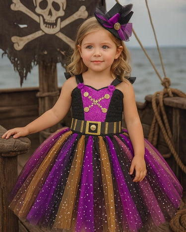 Girls Pirate Tutu Costume – Toddler Halloween Dress with Clip-On Pirate Hat | Buccaneer Dress Up Outfit