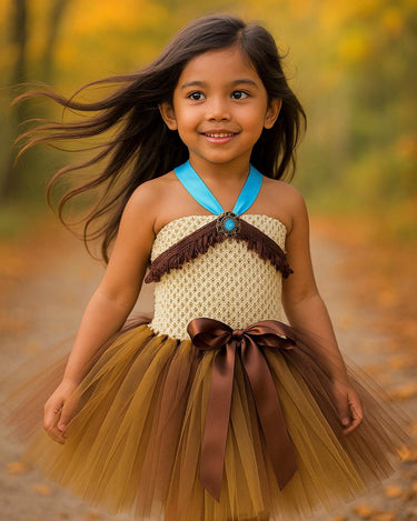 Pocahontas Inspired Tutu Dress – Toddler Native Princess Costume – Brown & Blue Halloween Dress