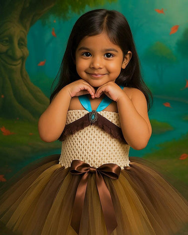 Pocahontas Inspired Tutu Dress – Toddler Native Princess Costume – Brown & Blue Halloween Dress