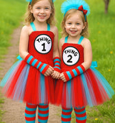 Thing 1 & Thing 2 Tutu Dress Set – Cat in the Hat Costume for Girls – Inspired Birthday Outfit with Headband, Tights and Sleeves