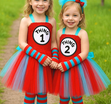 Thing 1 & Thing 2 Tutu Dress Set – Cat in the Hat Costume for Girls – Inspired Birthday Outfit with Headband, Tights and Sleeves