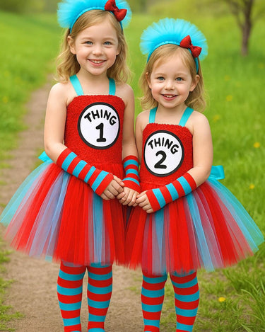 Thing 1 & Thing 2 Tutu Dress Set – Cat in the Hat Costume for Girls – Inspired Birthday Outfit with Headband, Tights and Sleeves