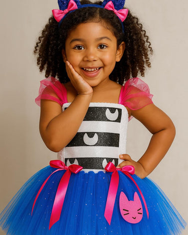Gabby’s Cat Tutu Dress with Sequin Cat Ear Headband – Girls Birthday Costume – Blue Cat Gabby Dress-Up Outfit