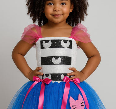 Gabby’s Cat Tutu Dress with Sequin Cat Ear Headband – Girls Birthday Costume – Blue Cat Gabby Dress-Up Outfit