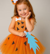 Pebbles Costume Tutu Dress for Girls – Toddler Halloween Outfit with Bone Headband – Flintstones Baby Dress