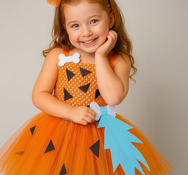 Pebbles Costume Tutu Dress for Girls – Toddler Halloween Outfit with Bone Headband – Flintstones Baby Dress